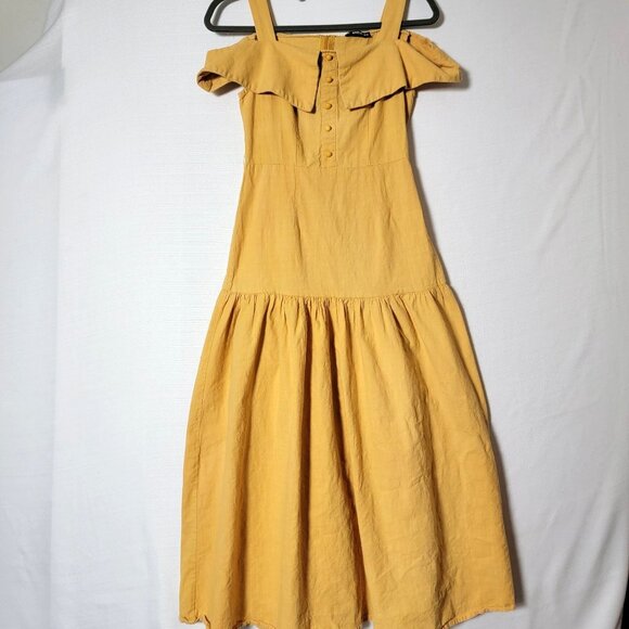 Shein Womens Midi Dress Sz XS Ruffle Trim Off Shoulder Fit & Flare Yellow Cruise - Picture 1 of 14
